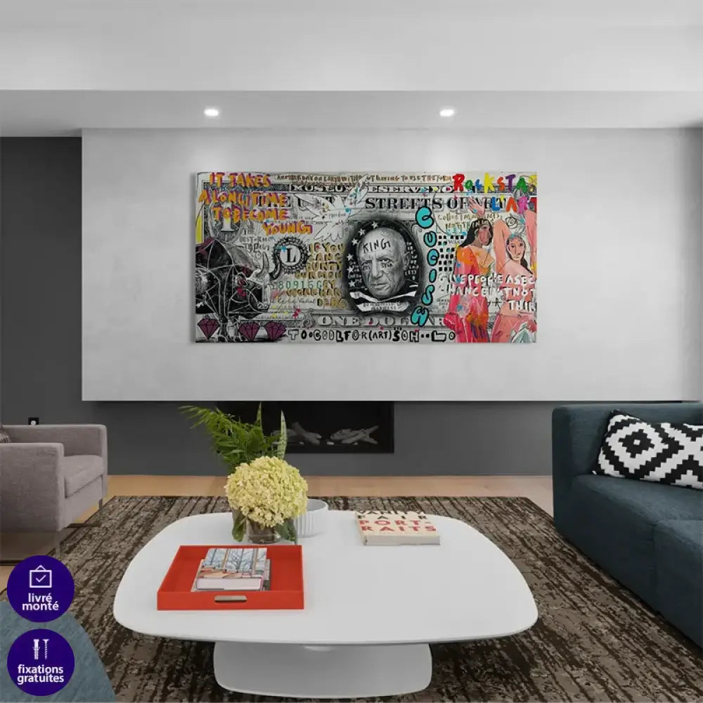 Tableau urbain Pablo Picasso avec messages engagés et style graffiti

