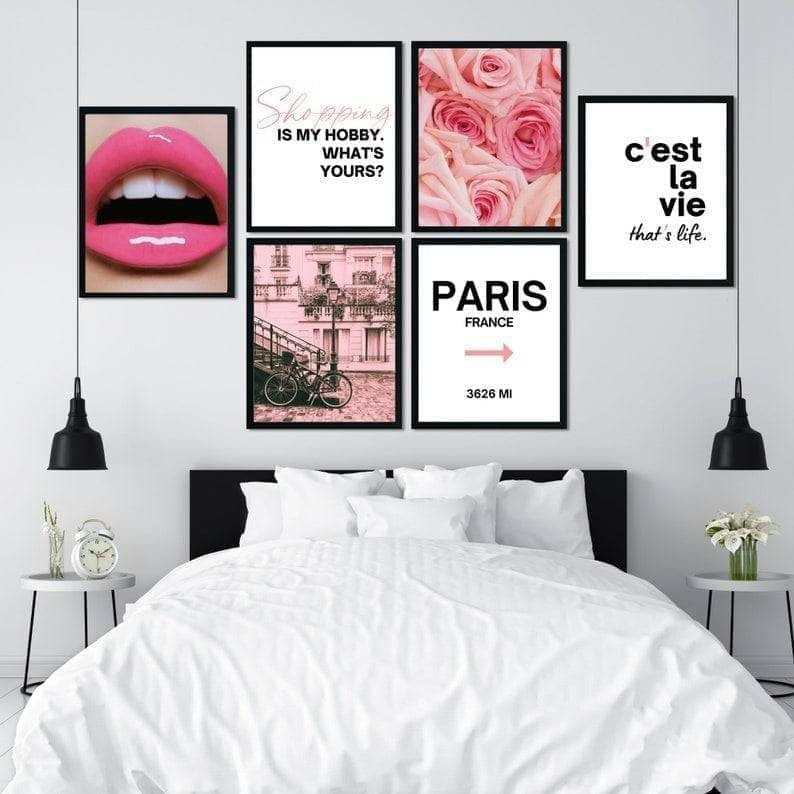 Affiche Fashion Rose Blanc Noir 6 pièces - Montableaudeco