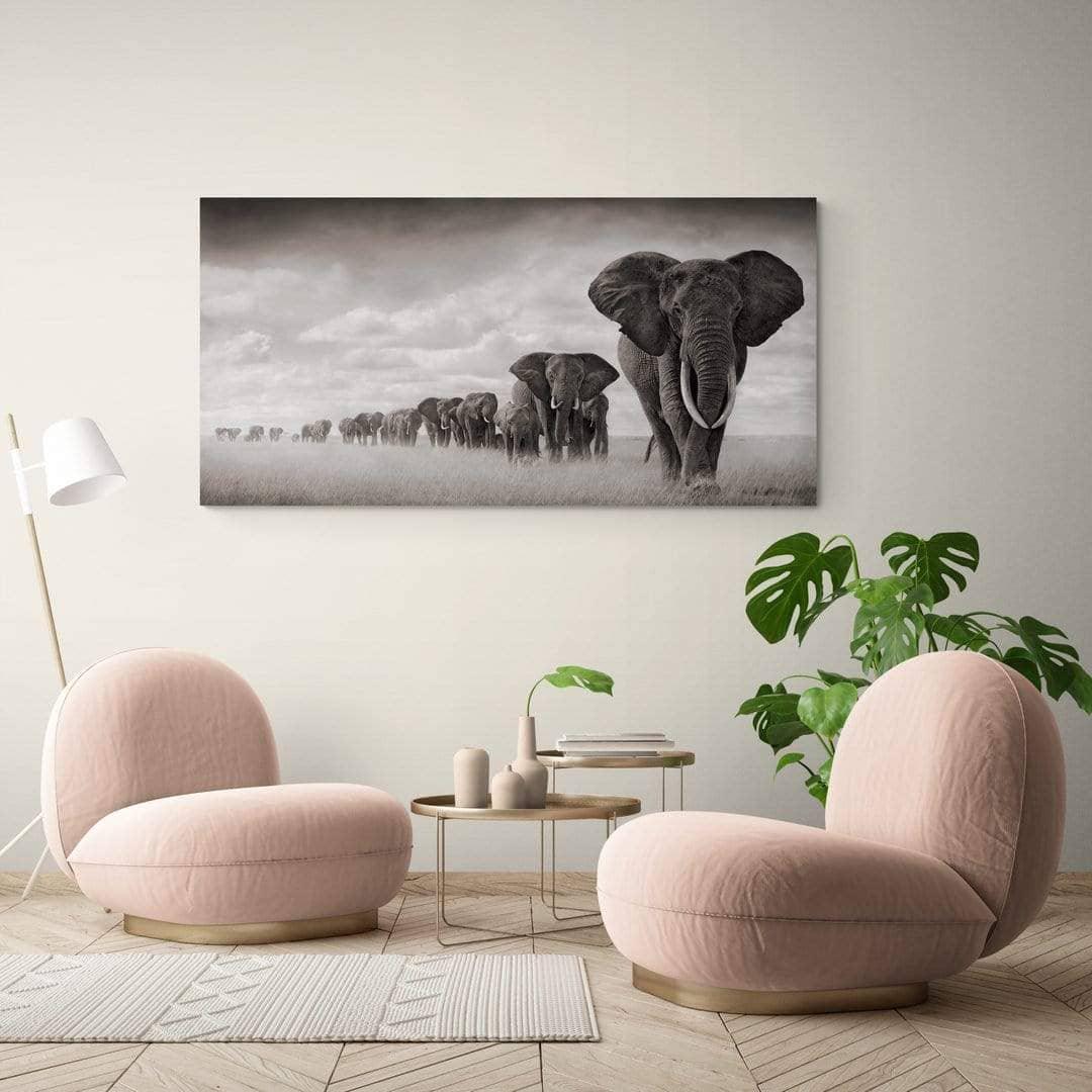 Tableau Éléphant Noir et Blanc le Troupeau - Montableaudeco