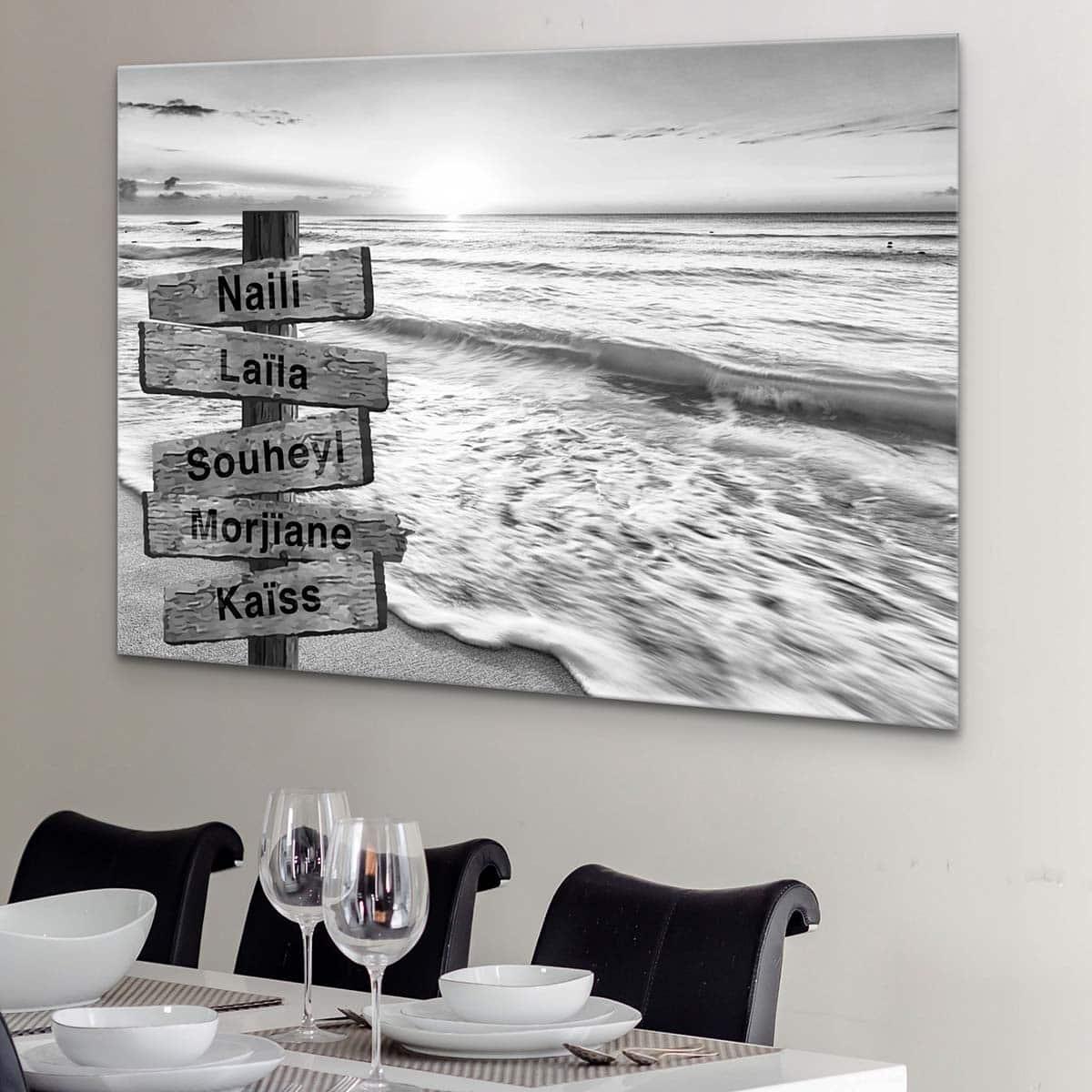 Tableau Prénoms Famille La Mer Noir et Blanc - Montableaudeco