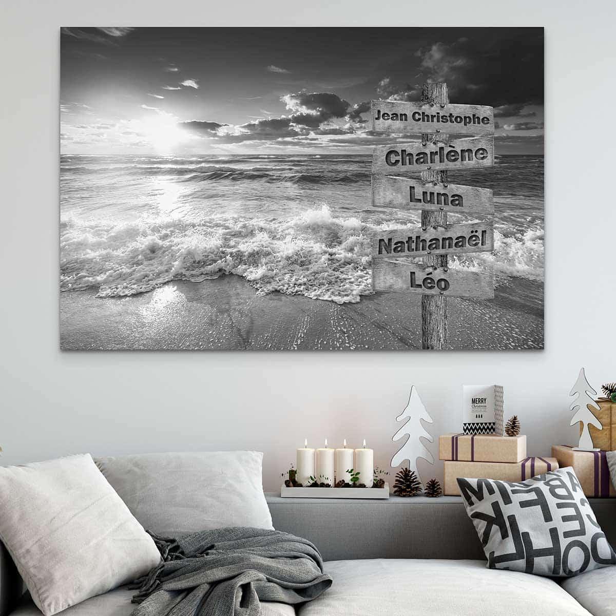 Tableau Prénoms Famille Plage Noir et Blanc - Montableaudeco